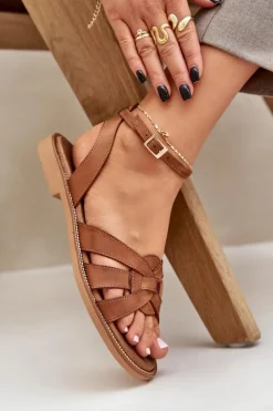 New Boto Skórzane Sandały Damskie Na Płaskim Obcasie Zazoo 3688 Camel