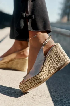 Laura Messi Sandały Na Koturnie*Skórzane Sandały Damskie Na Koturnie Z Plecionką 2789 Złote