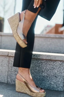 Laura Messi Sandały Na Koturnie*Skórzane Sandały Damskie Na Koturnie Z Plecionką 2789 Złote