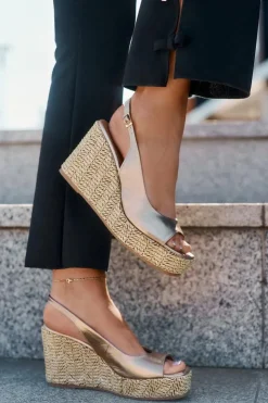 Laura Messi Sandały Na Koturnie*Skórzane Sandały Damskie Na Koturnie Z Plecionką 2789 Złote