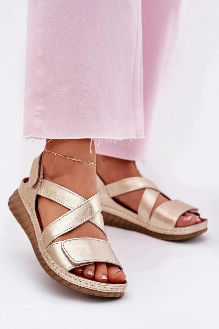 Maciejka Sandały Na Koturnie|Sandały Płaskie*Skórzane Sandały Damskie Na Rzep L6848-25 Złote Złoty