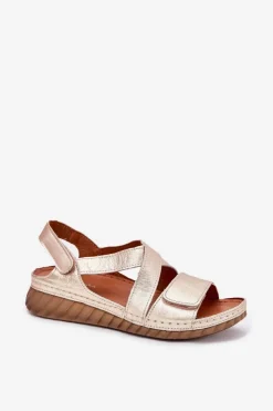 Maciejka Sandały Na Koturnie|Sandały Płaskie*Skórzane Sandały Damskie Na Rzep L6848-25 Złote Złoty