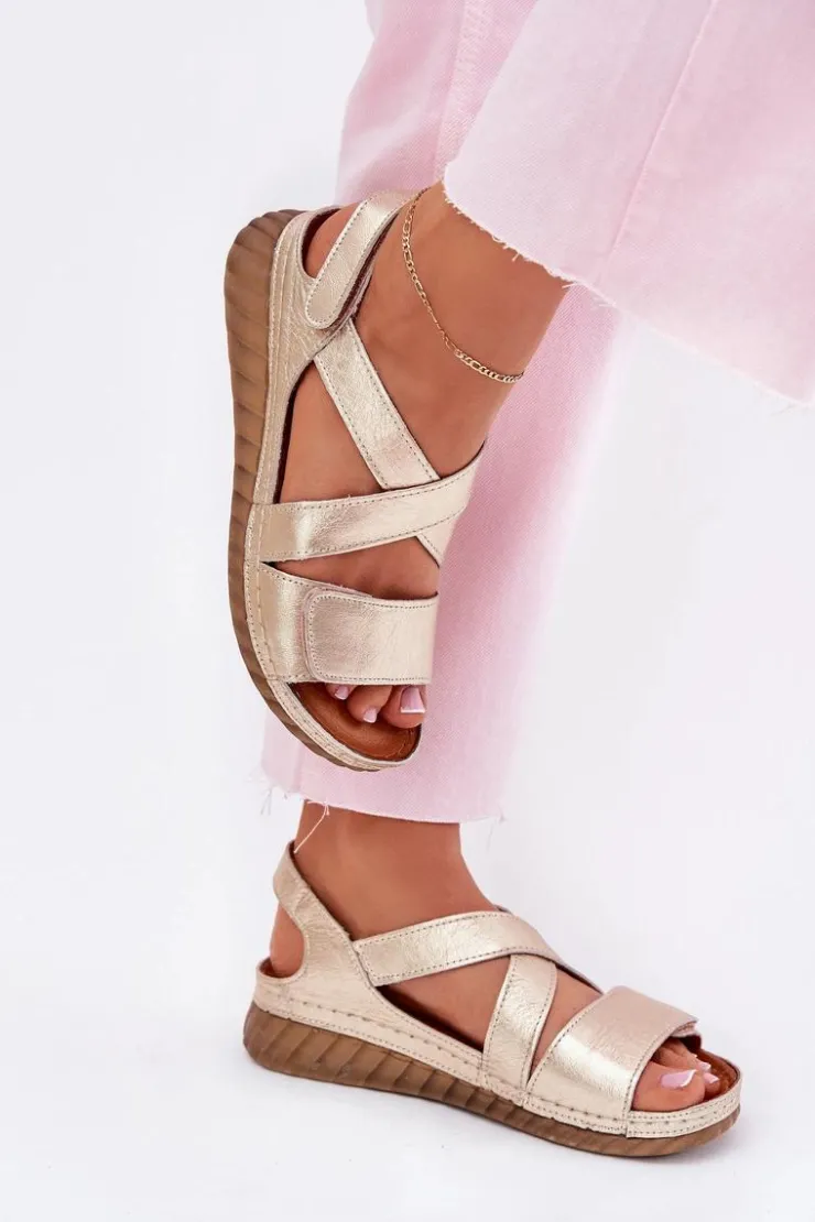 Maciejka Sandały Na Koturnie|Sandały Płaskie*Skórzane Sandały Damskie Na Rzep L6848-25 Złote Złoty