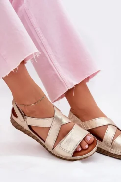 Maciejka Sandały Na Koturnie|Sandały Płaskie*Skórzane Sandały Damskie Na Rzep L6848-25 Złote Złoty