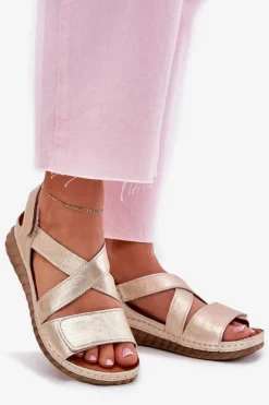 Maciejka Sandały Na Koturnie|Sandały Płaskie*Skórzane Sandały Damskie Na Rzep L6848-25 Złote Złoty