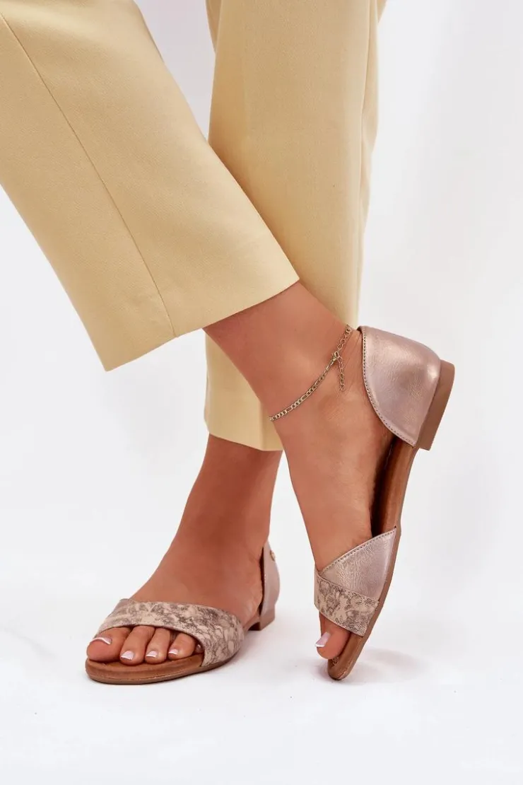 Maciejka Skórzane Sandały Damskie Na Płaskim Obcasie 06947-25 Złote