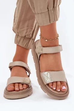 Damskie Zazoo Skórzane Sandały Damskie Na Platformie 40443 Beżowe