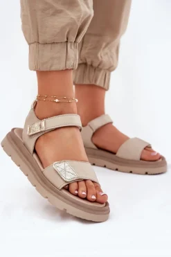 Damskie Zazoo Skórzane Sandały Damskie Na Platformie 40443 Beżowe
