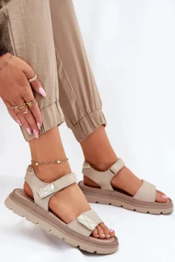 Damskie Zazoo Skórzane Sandały Damskie Na Platformie 40443 Beżowe