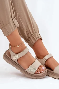 Damskie Zazoo Skórzane Sandały Damskie Na Platformie 40443 Beżowe