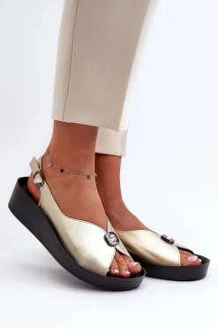 Outlet Damskie buty S.Barski Skórzane Sandały Damskie Na Koturnie I Platformie S.Barski KV51-020 Złote Złoty