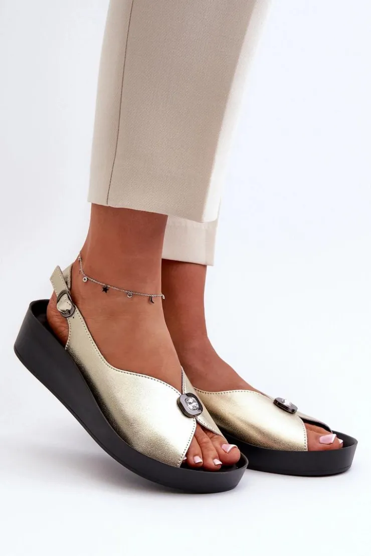 Outlet Damskie buty S.Barski Skórzane Sandały Damskie Na Koturnie I Platformie S.Barski KV51-020 Złote Złoty