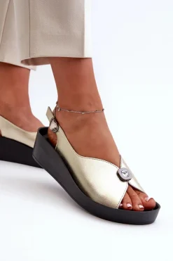 Outlet Damskie buty S.Barski Skórzane Sandały Damskie Na Koturnie I Platformie S.Barski KV51-020 Złote Złoty