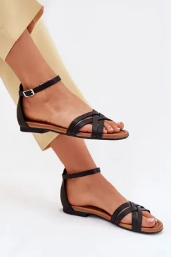 Maciejka Sandały Płaskie*Skórzane Sandały Damskie Na Płaskim Obcasie 07029-01 Czarne Czarny