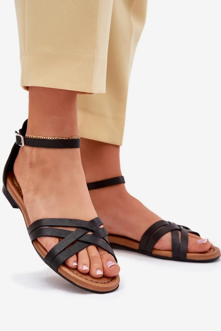 Maciejka Sandały Płaskie*Skórzane Sandały Damskie Na Płaskim Obcasie 07029-01 Czarne Czarny