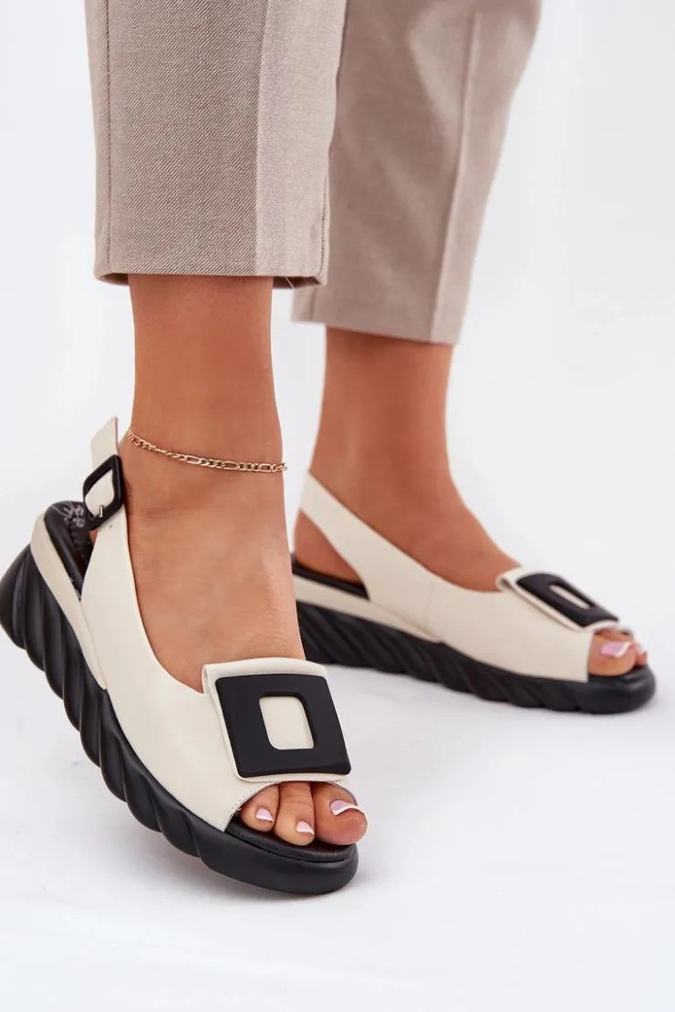 New Artiker Skórzane Sandały Damskie Na Koturnie z Ozdobą 56C1570 Beżowe Beżowy