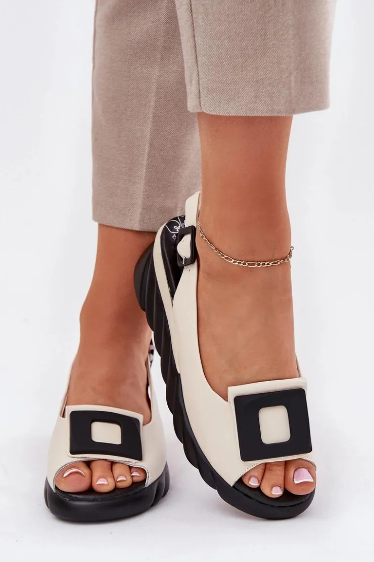 New Artiker Skórzane Sandały Damskie Na Koturnie z Ozdobą 56C1570 Beżowe Beżowy