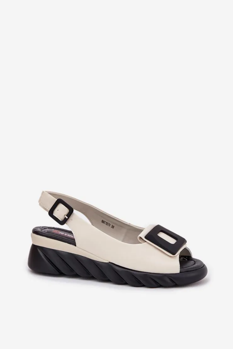 New Artiker Skórzane Sandały Damskie Na Koturnie z Ozdobą 56C1570 Beżowe Beżowy