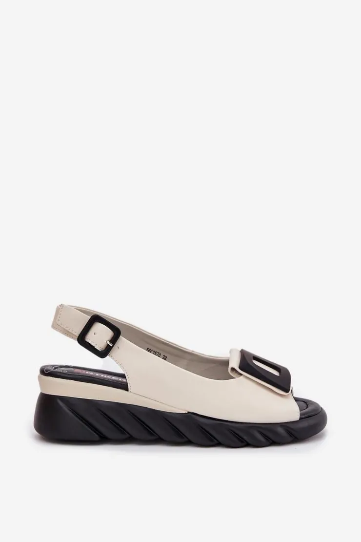 New Artiker Skórzane Sandały Damskie Na Koturnie z Ozdobą 56C1570 Beżowe Beżowy