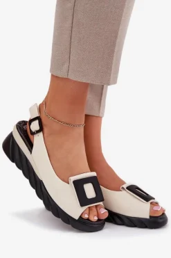 New Artiker Skórzane Sandały Damskie Na Koturnie z Ozdobą 56C1570 Beżowe Beżowy