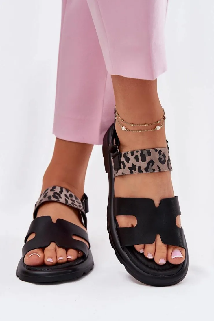 Clearance Buty damskie Vinceza Skórzane Sandały Damskie Na Płaskim Obcasie Panterka Vinceza 66780 Czarne Czarny