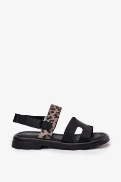 Clearance Buty damskie Vinceza Skórzane Sandały Damskie Na Płaskim Obcasie Panterka Vinceza 66780 Czarne Czarny