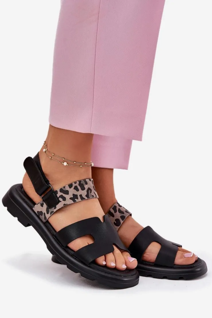 Clearance Buty damskie Vinceza Skórzane Sandały Damskie Na Płaskim Obcasie Panterka Vinceza 66780 Czarne Czarny