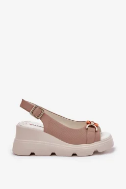 New Artiker Skórzane Sandały Damskie Na Koturnie I Platformie Z Ozdobą 56C2208 Ciemnobeżowe