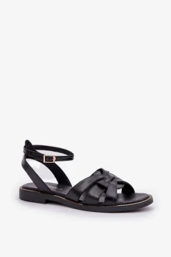 Boto Sandały Płaskie*Skórzane Sandały Damskie Na Płaskim Obcasie Zazoo 3688 Czarne Czarny