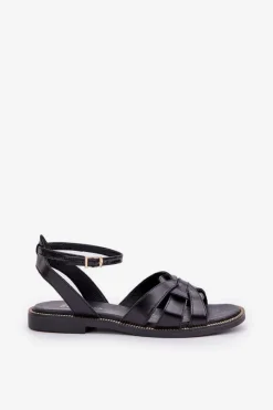 Boto Sandały Płaskie*Skórzane Sandały Damskie Na Płaskim Obcasie Zazoo 3688 Czarne Czarny