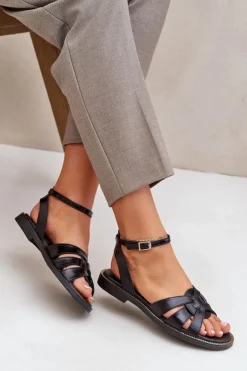 Boto Sandały Płaskie*Skórzane Sandały Damskie Na Płaskim Obcasie Zazoo 3688 Czarne Czarny