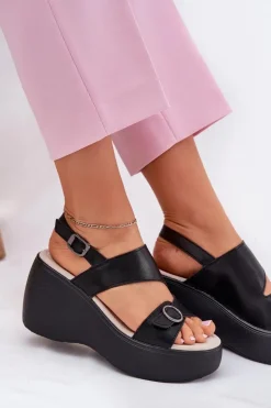 Damskie buty S.Barski Sandały Na Koturnie*Skórzane Sandały Damskie Na Koturnie I Platformie S.Barski LR51-540 Czarne Czarny