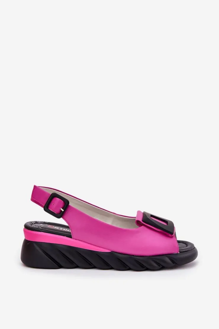 Artiker Sandały Z Cholewką|Sandały Na Koturnie*Skórzane Sandały Damskie Na Koturnie z Ozdobą 56C1571 Fuksja