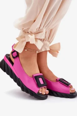 Artiker Sandały Z Cholewką|Sandały Na Koturnie*Skórzane Sandały Damskie Na Koturnie z Ozdobą 56C1571 Fuksja