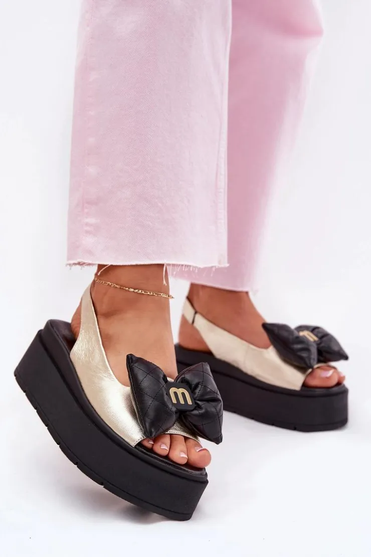 Damskie CheBello Skórzane Sandały Damskie Na Platformie Z Kokardą 4641 Złoto-Czarne
