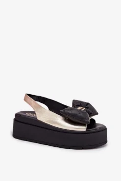 Damskie CheBello Skórzane Sandały Damskie Na Platformie Z Kokardą 4641 Złoto-Czarne