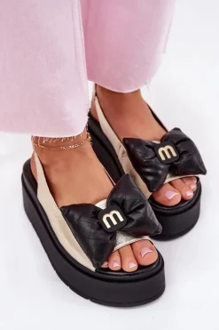 Damskie CheBello Skórzane Sandały Damskie Na Platformie Z Kokardą 4641 Złoto-Czarne