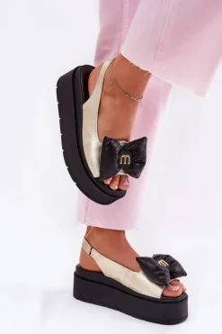 Damskie CheBello Skórzane Sandały Damskie Na Platformie Z Kokardą 4641 Złoto-Czarne