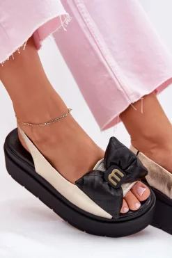 Damskie CheBello Skórzane Sandały Damskie Na Platformie Z Kokardą 4641 Złoto-Czarne