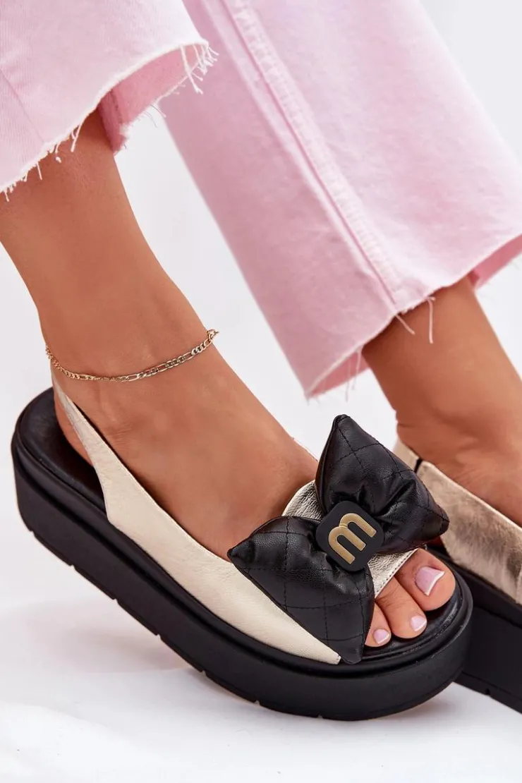 Damskie CheBello Skórzane Sandały Damskie Na Platformie Z Kokardą 4641 Złoto-Czarne