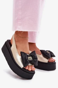 Damskie CheBello Skórzane Sandały Damskie Na Platformie Z Kokardą 4641 Złoto-Czarne