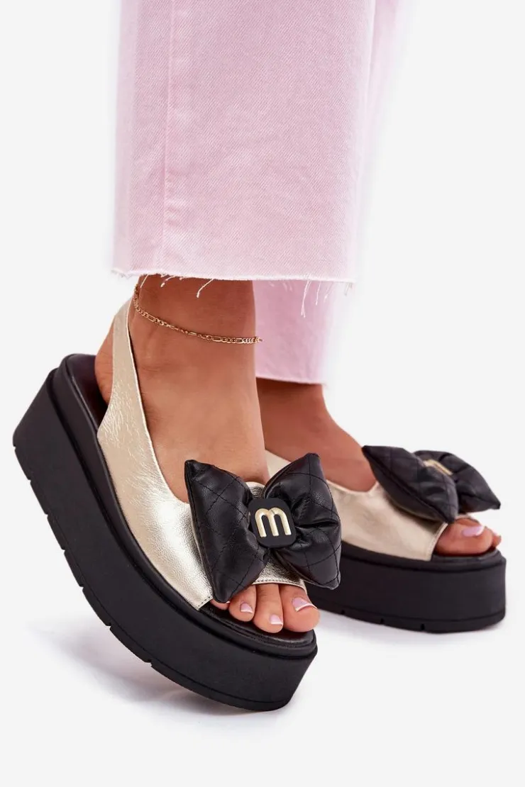 Damskie CheBello Skórzane Sandały Damskie Na Platformie Z Kokardą 4641 Złoto-Czarne