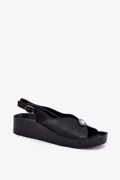 Damskie Damskie buty S.Barski Skórzane Sandały Damskie Na Koturnie I Platformie S.Barski KV51-020 Czarne