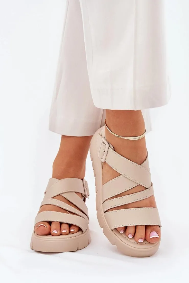 Evento Sandały Na Koturnie|Sandały Płaskie*Skórzane Sandały Damskie Na Platformie Z Klamrą Beżowe Selianae