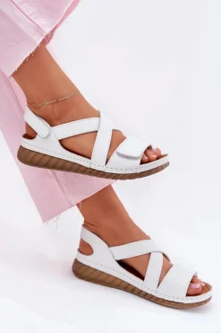 Sale Maciejka Skórzane Sandały Damskie Na Rzep L6848-11 Białe Biały