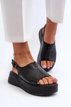 Damskie buty S.Barski Sandały Płaskie*Skórzane Sandały Damskie Na Platformie D&A SJ2301-2 Czarne