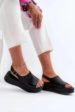 Damskie buty S.Barski Sandały Płaskie*Skórzane Sandały Damskie Na Platformie D&A SJ2301-2 Czarne