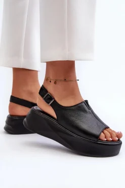 Damskie buty S.Barski Sandały Płaskie*Skórzane Sandały Damskie Na Platformie D&A SJ2301-2 Czarne