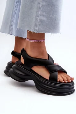 New GOE Skórzane Sandały Damskie Na Masywnej Podeszwie Czarne NN2N4106 Czarny