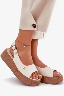 Best Buty damskie Vinceza Skórzane Sandały Damskie Na Koturnie Vinceza 41476 Beżowe